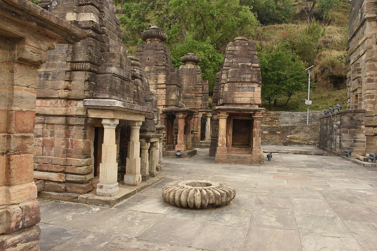 Stone shrines inside the historic Katarmal Sun Temple complex near Almora