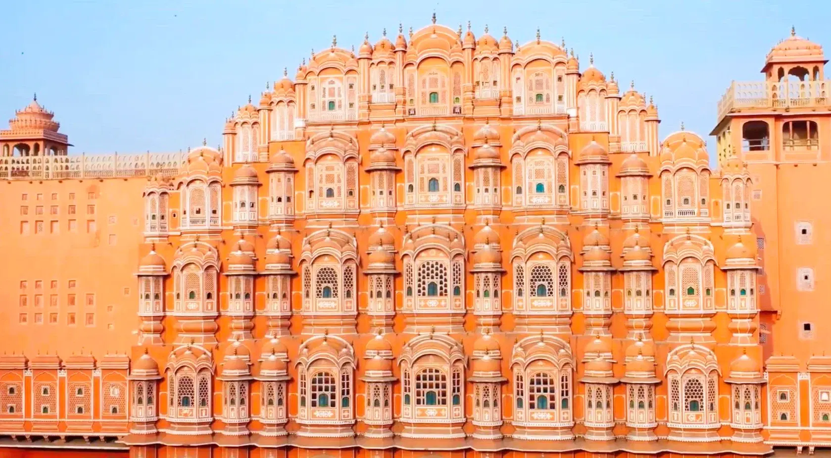 Hawa Mahal's iconic 953-windowed pink sandstone facade — the Palace of Winds in Jaipur