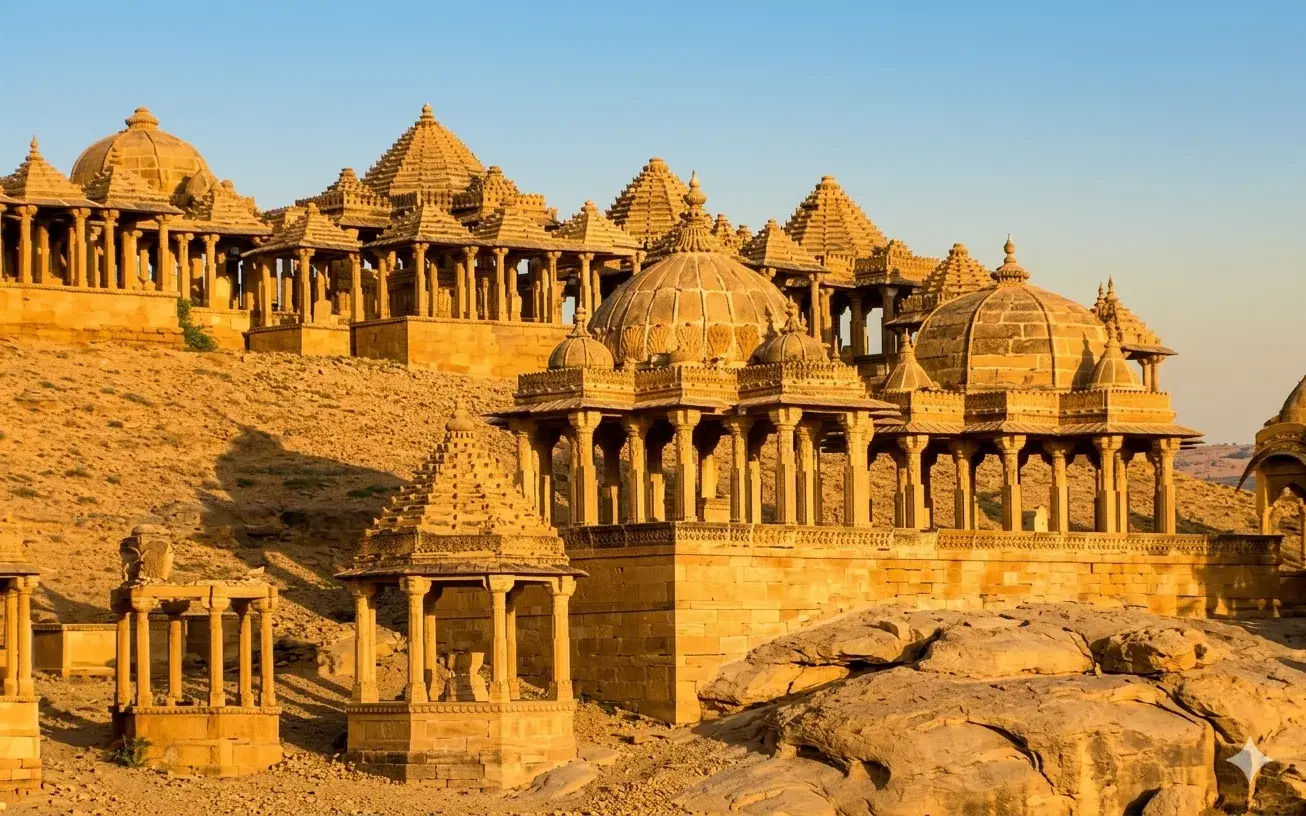 Sandstone cenotaphs at Vyas Chhatri overlooking Jaisalmer