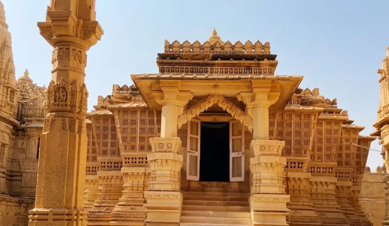 Ornate torana and carved facade at Lodrava Jain Temple near Jaisalmer