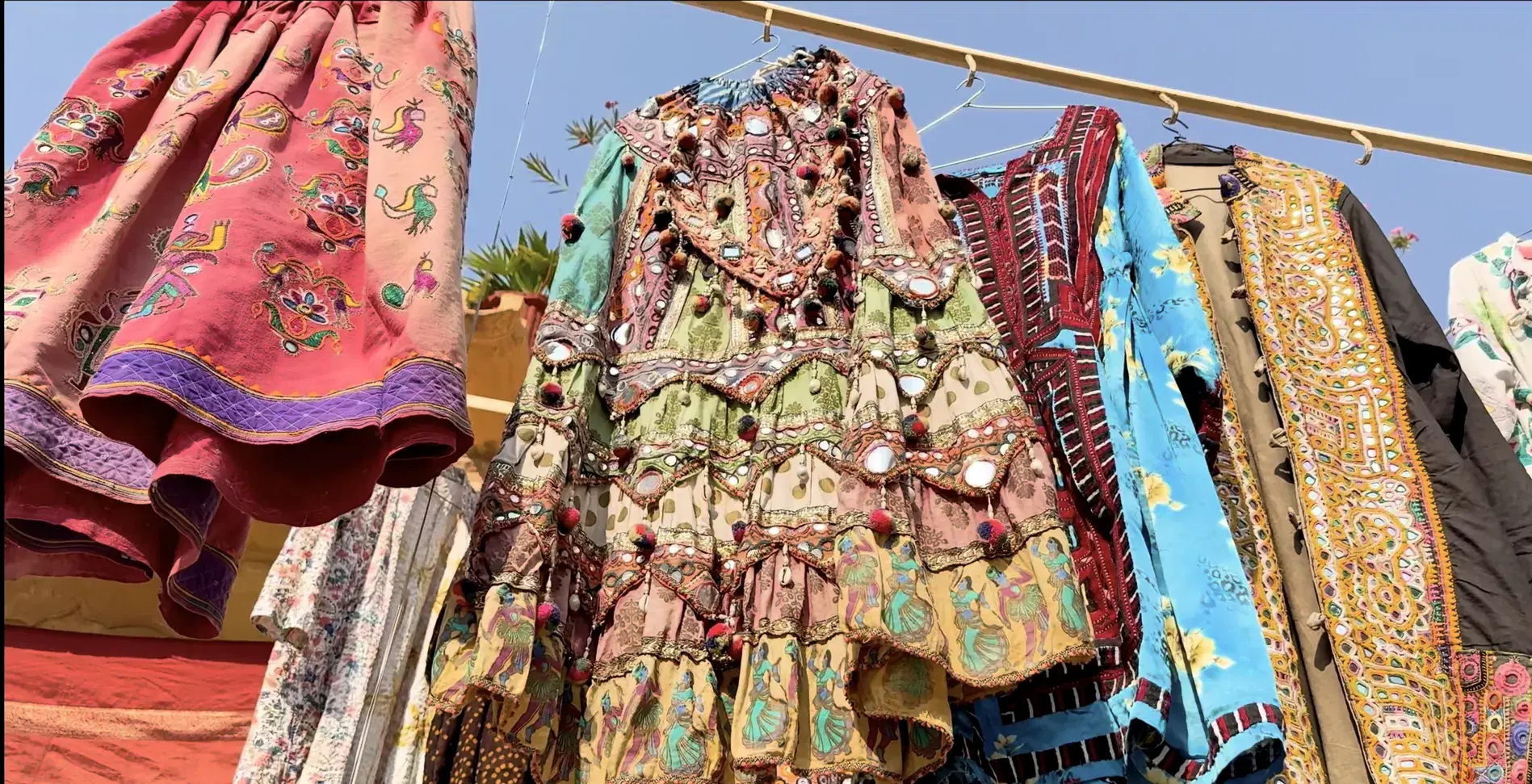 Colorful handicraft and textile stalls in a Jaisalmer market