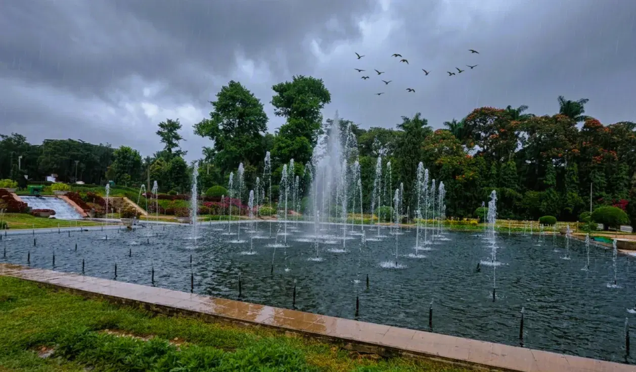 Musical fountain light show at Brindavan Gardens on the KRS Dam near Mysore in the evening
