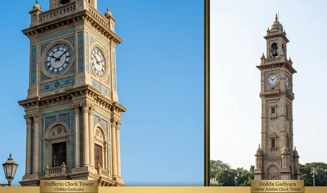 Dufferin Clock Tower (Silver Jubilee Clock Tower) landmark in Mysore city center with surrounding market streets
