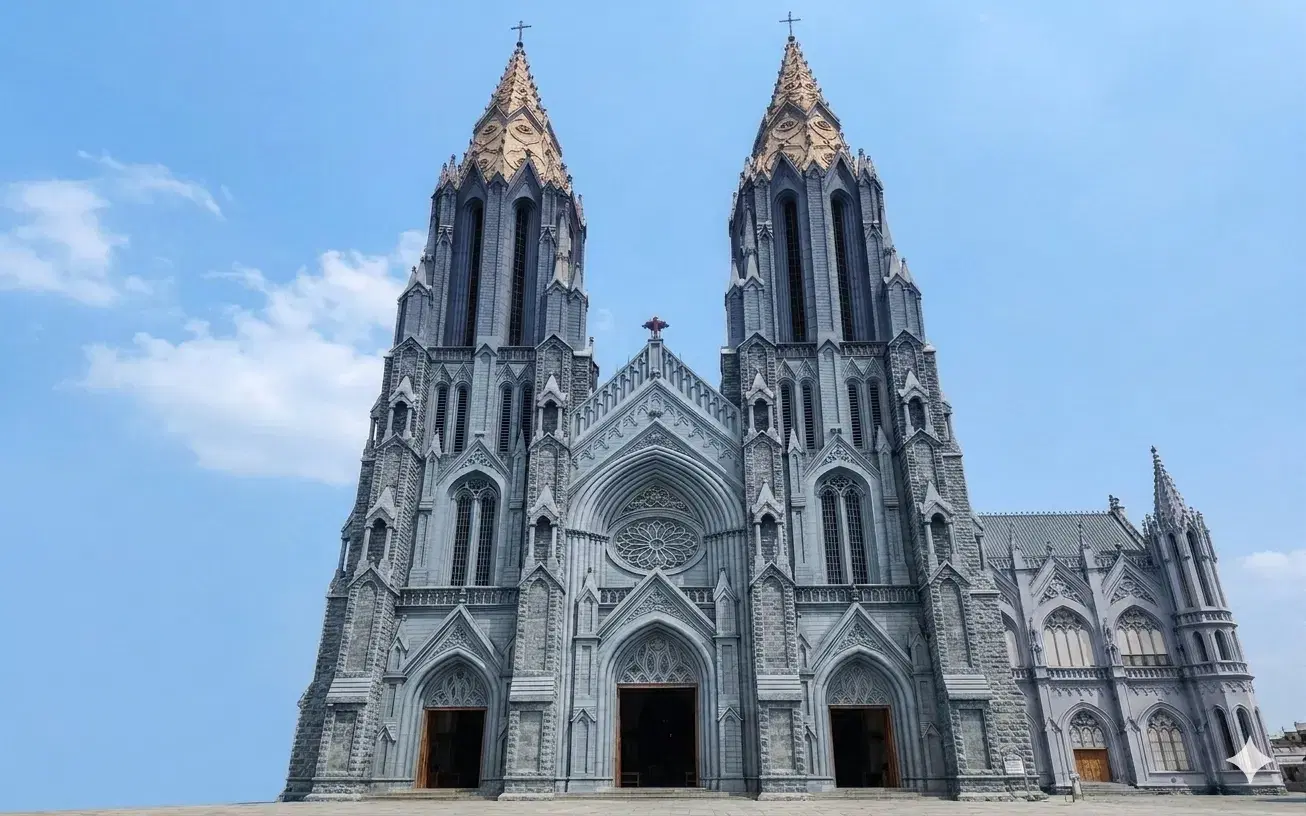 St. Philomena's Cathedral's twin neo-Gothic spires rising over Mysore — one of the tallest churches in Asia