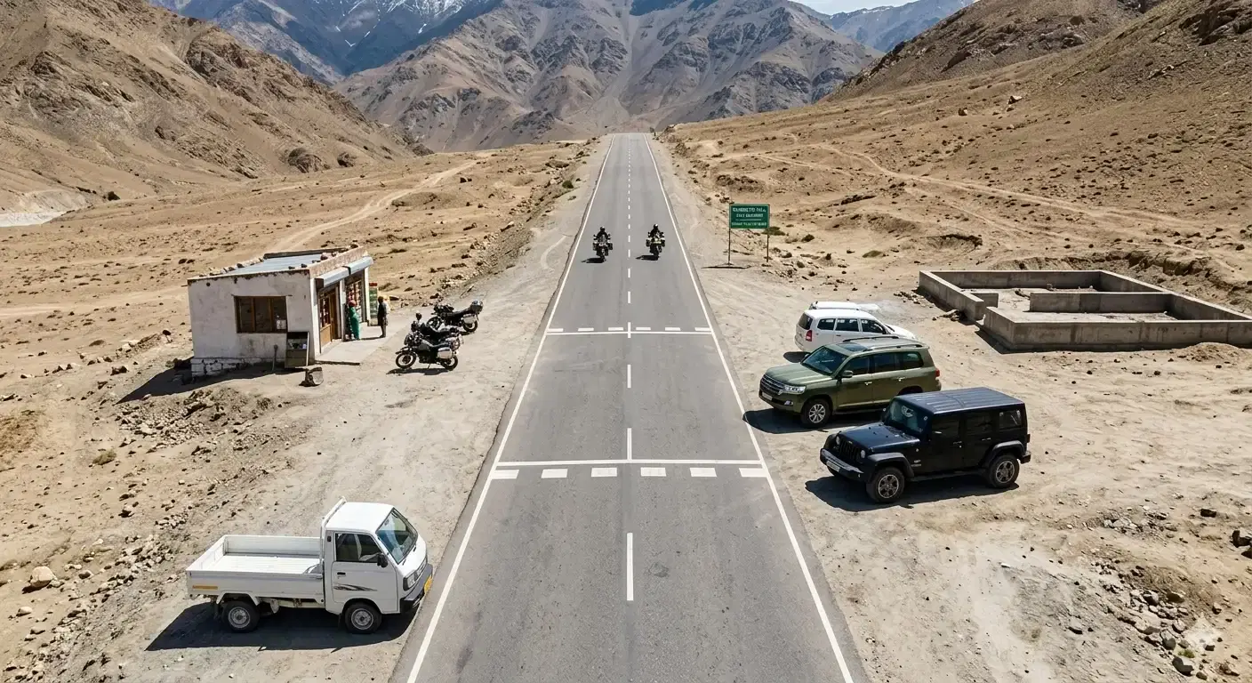 Magnetic Hill gravity illusion road near Leh at 14,000 ft altitude with Indus River and Zanskar mountains in the background