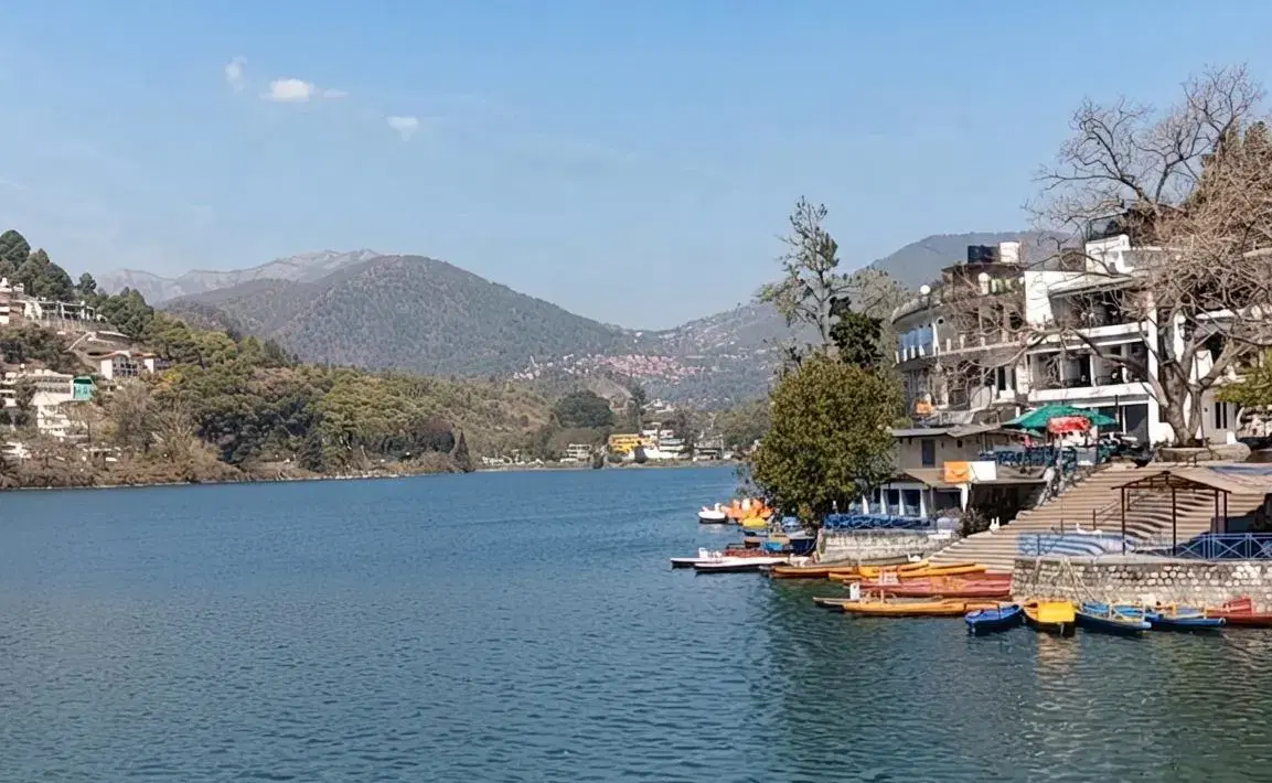 Bhimtal Lake with its central island and lakeside cafes in the Nainital district