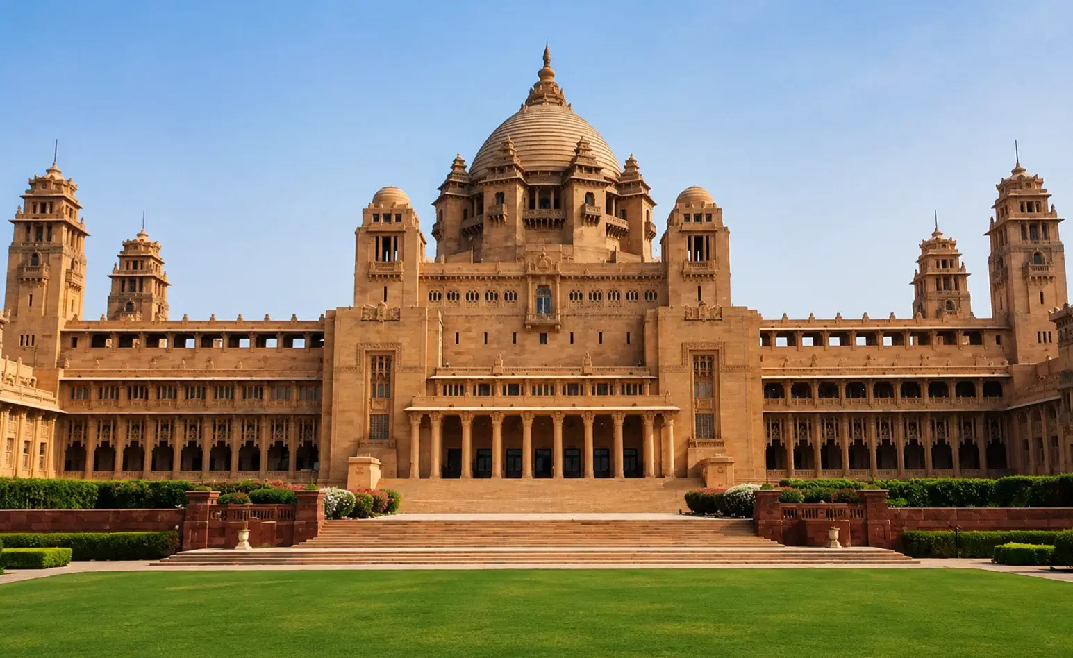 Sandstone facade of Umaid Bhawan Palace in Jodhpur