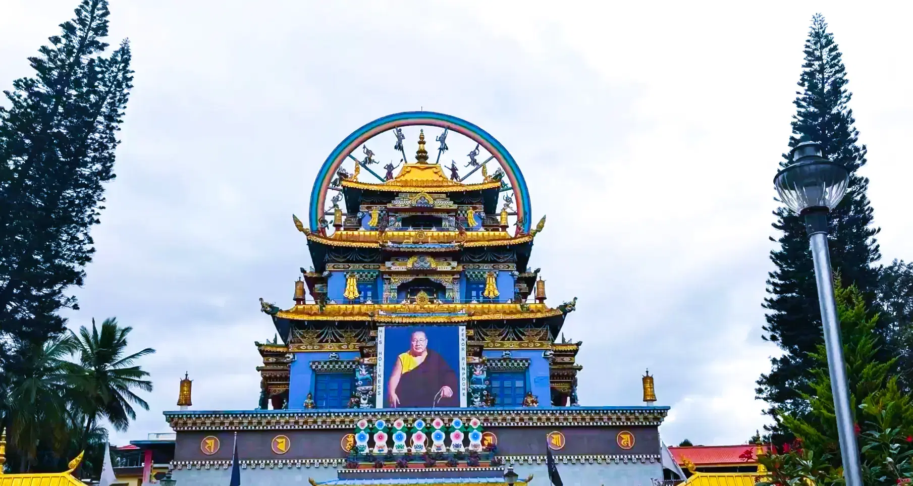 Colorful entrance tower of Namdroling Monastery in Bylakuppe