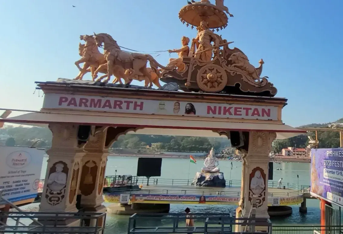 Evening Ganga Aarti at Parmarth Niketan ashram with the giant Shiva statue rising from the river, Rishikesh