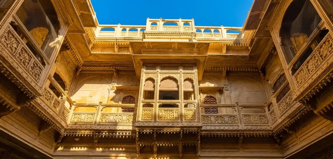 Carved sandstone interior of Patwon Ki Haveli in Jaisalmer