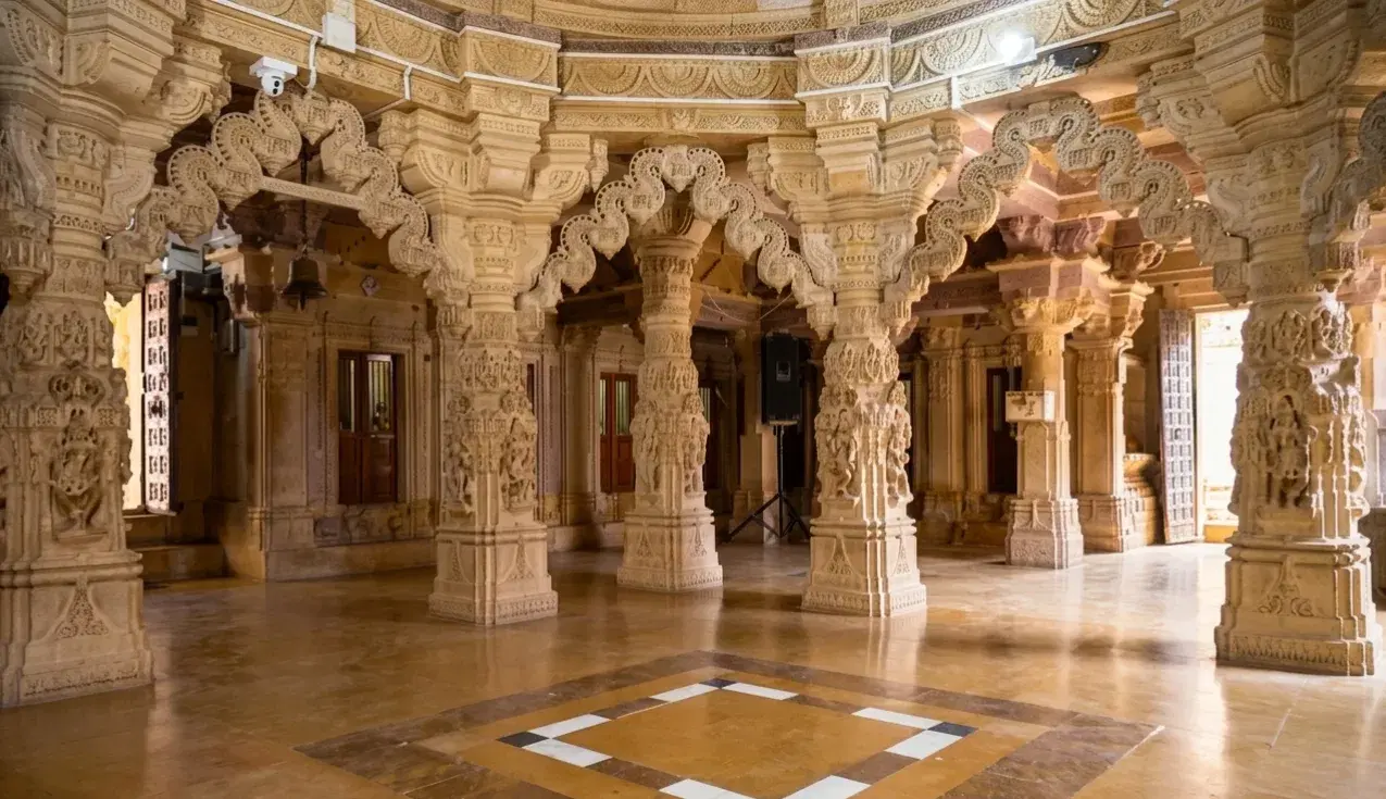 Intricately carved pillars inside the Jain temples of Jaisalmer Fort