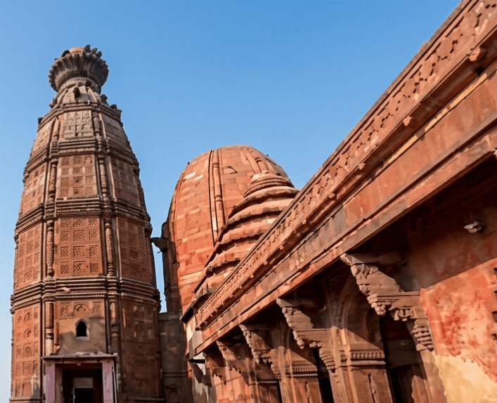 Ancient Radha Madan Mohan Temple in Nagara style architecture overlooking the Yamuna, Vrindavan
