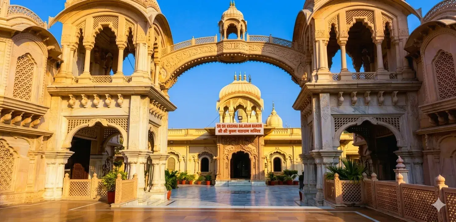 ISKCON Sri Krishna Balarama Temple in Vrindavan with white marble exterior and international devotees