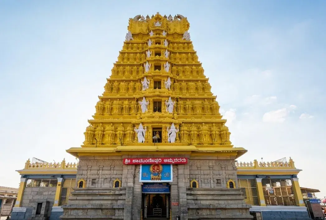 Chamundeshwari Temple at the top of Chamundi Hills with a panoramic view of Mysore city and Nandi bull statue