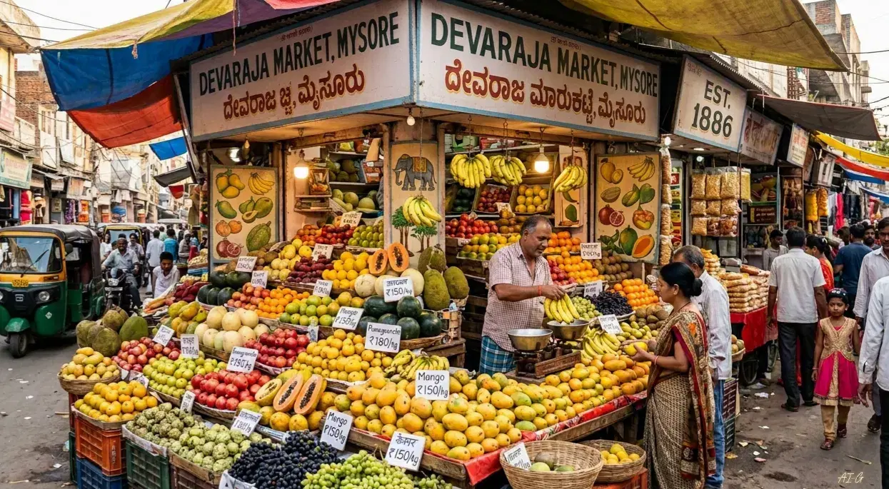 Vibrant flower and spice stalls at the historic Devaraja Market in Mysore — a sensory cultural experience
