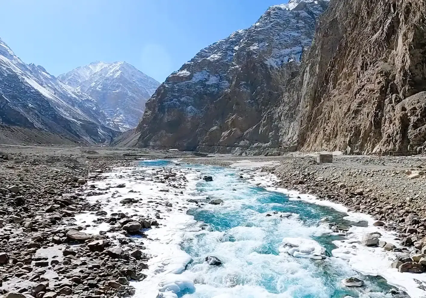 Shyok River winding past Turtuk village near the Pakistan border — India's northernmost accessible tourist village in Nubra Valley, Ladakh