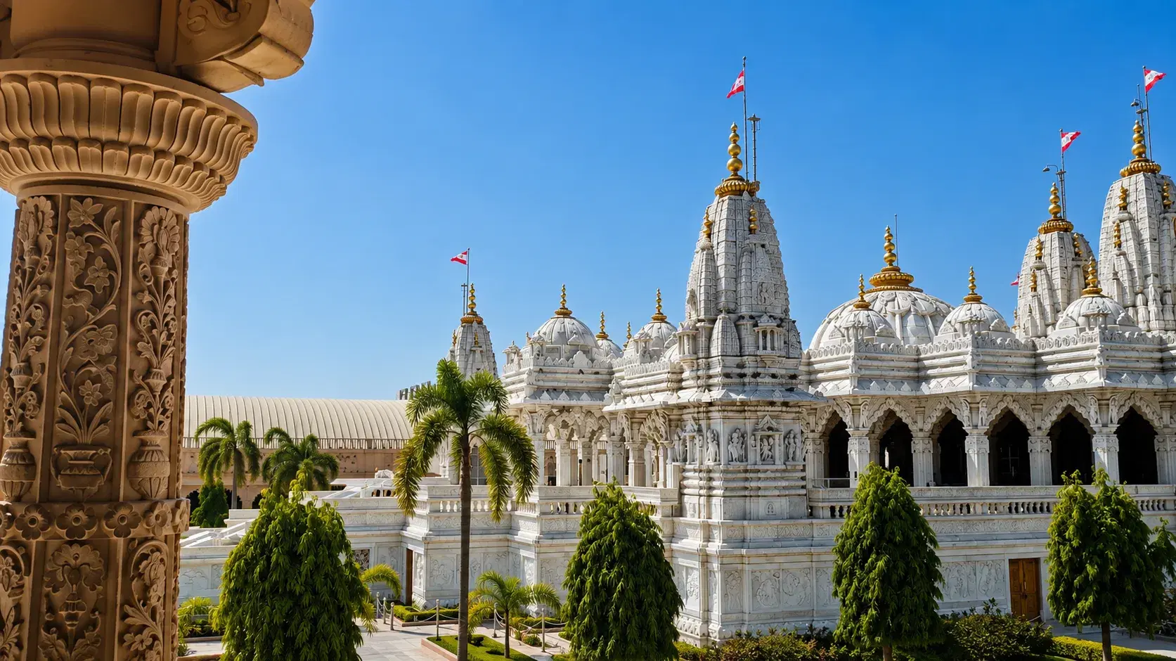 White marble domes and carved pillars of Swaminarayan Temple in Bhuj