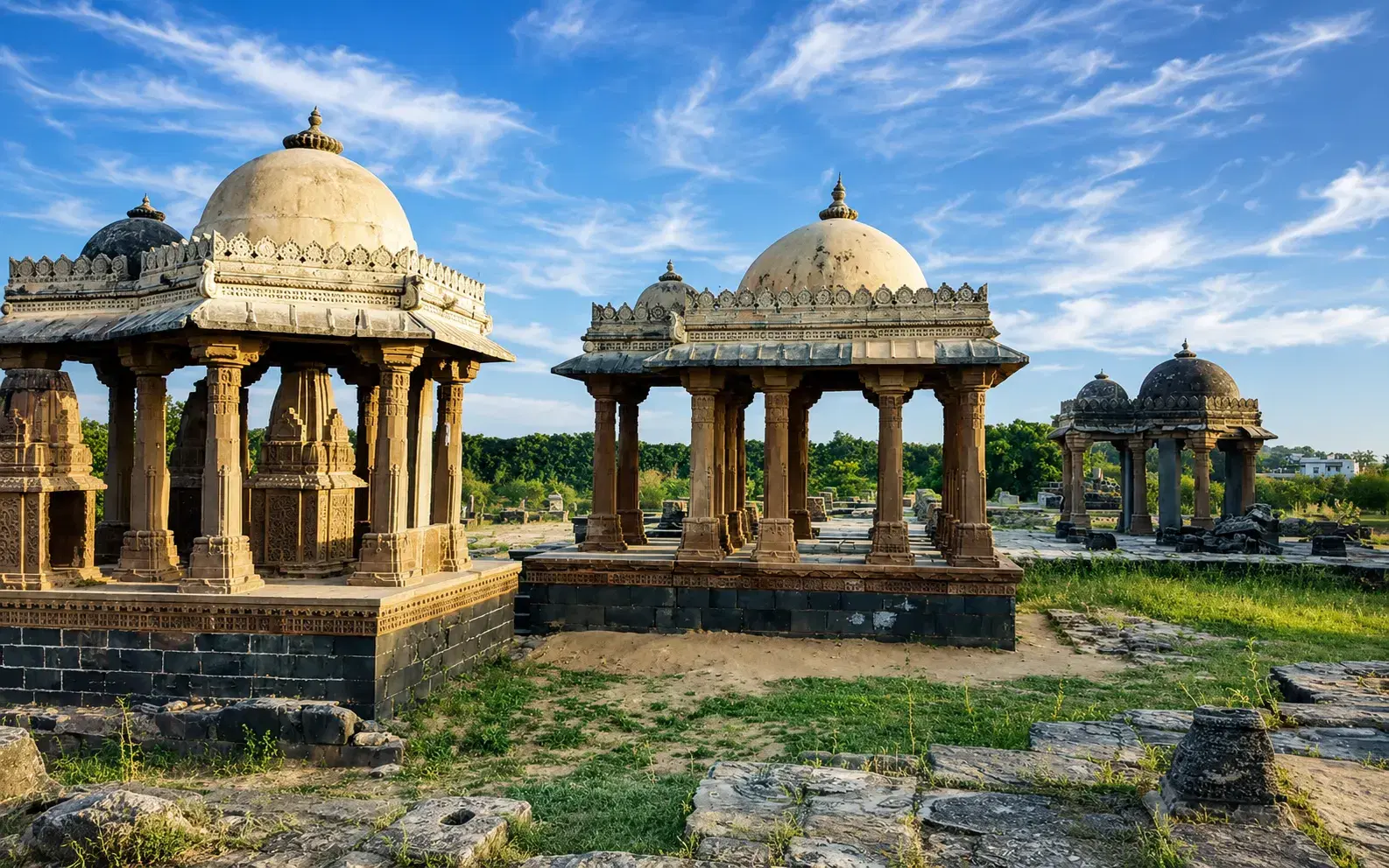 Domed royal cenotaphs with carved stone pillars at Chhatardi in Bhuj