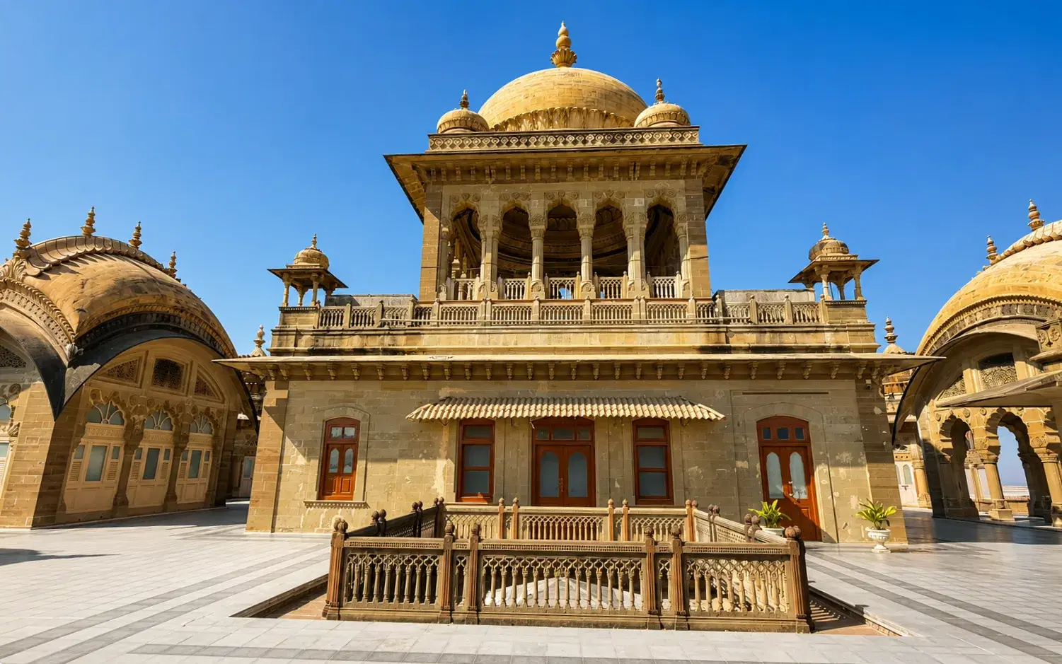 Central dome and carved stone balconies of Vijay Vilas Palace near Mandvi